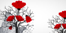 Art Concept. Abstract Mountains Forms With Silhouette Of A Tree And Red Poppy Flowers.
