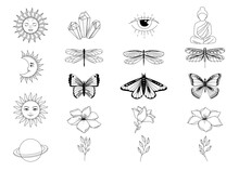 Boho Vector Collection Of Magic Line Art. Dragonfly, Butterfly, Moon, Sun, Crystals And Camera. Vector Illustration.