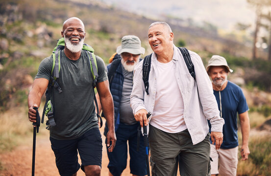 hiking, smile and group of old men on mountain for fitness, trekking and backpacking adventure. expl