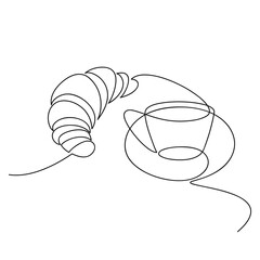 Wall Mural - Coffee cup, french croissant one line continuous drawing. Vector illustration. Hand drawn linear silhouette icon. Minimal design, print, banner, card, product logo, brochure, menu, bakery shop.