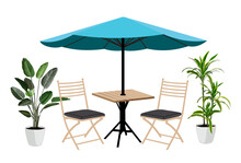 Summer Street Cafe, Restaurant Scene. Patio, Outdoor, Garden Furniture Set With Rattan Chairs, Table, Umbrella, Potted Plants. Coffee Shop. Cafe Terrace With Seats Under Parasol. Vector Illustration.