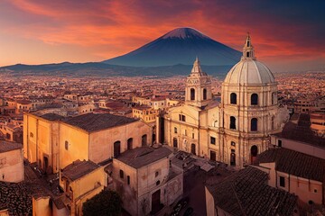 aerial view of the catania saint agatha's cathedral by sunset with mount etna in the background - si