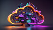 neon cloud computing technology concept, illustration. Generative AI