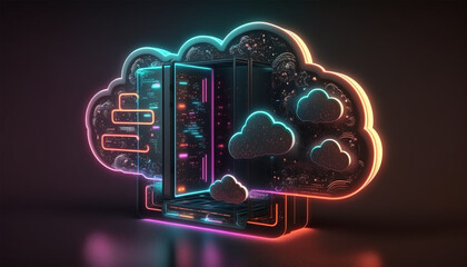 neon cloud computing technology concept, illustration. Generative AI