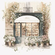 illustration of parisian shops front decorated in white flowers, vintage, generative ai