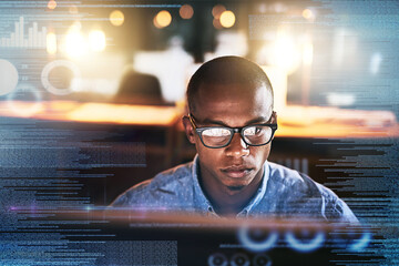 Leinwandbilder - Software overlay, futuristic and black man on computer for online finance, fintech and data analysis. Digital transformation, double exposure and businessman for financial analytics on 3d screen