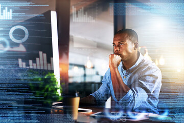 Leinwandbilder - Thinking, futuristic and black man on computer with double exposure for finance, fintech and data analysis. Digital transformation, software overlay and male with financial analytics on 3d screen