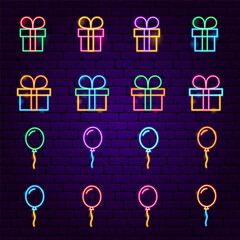 Sticker - Present Birthday Balloon Neon Set. Vector Illustration of Glowing Celebration Holiday.