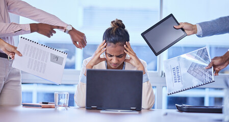 Canvas Print - Stress, headache and business woman with group of people for multitasking, workload or chaos in office. Overwhelmed, burnout and corporate employee suffering pressure with team, compliance or report