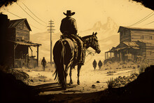 Wild West Poster. Cowboy Riding Into The Sunset With His Horse, Wild West Landscape, Generative Ai