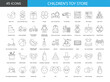© GrandDesign - Set of kids toys line icons in vector, baby toys and puzzles, role-playing sets and toy weapon, table games and constructors, robots and transformers, railway, experiences and experiments