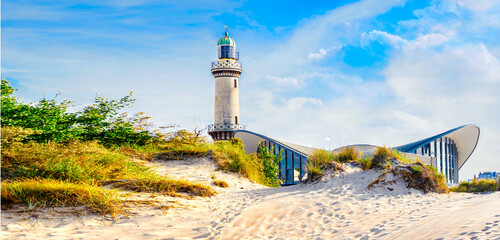 Banner with lighthouse in Warnemunde Rostock. Germany baltic sea vacation and travel destinations. Copy space for text