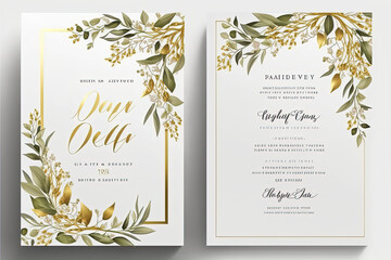 wedding invitation card template design with watercolor greenery leaf and branch, watercolor invitat