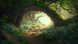 © vlntn - Beautiful fantasy dense forest landscape with old growth trees. Magic woods background with copy space. Fairy tale outdoor backdrop. AI generative image.