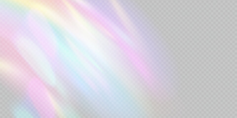 Wall Mural - Rainbow light prism effect, transparent background. Hologram reflection, crystal flare leak shadow overlay. Vector illustration of abstract blurred iridescent light backdrop.