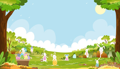 Wall Mural - Easter background,Spring green fields landscape with cute Bunny hunting Easter egg with blue sky and cloud background,Vector cartoon rural nature in springtime,Rabbits playing on grass land in morning