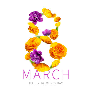 international women's day. number eight from purple yellow flowers isolated on white background. wit