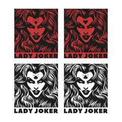 Wall Mural - Vector set of monochrome portraits of fatal girls with flowing curly hair, with a lush hairstyle. Playing card symbols, diamonds, hearts, spades and clubs. Lady Joker.