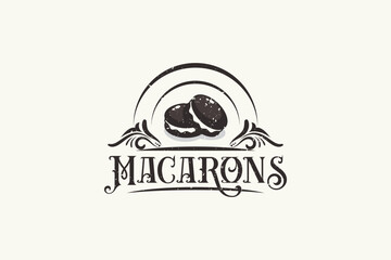 Canvas Print - macarons logo in vintage style with two macarons and floral elements for any business, especially patisserie, bakery, cafe, etc.