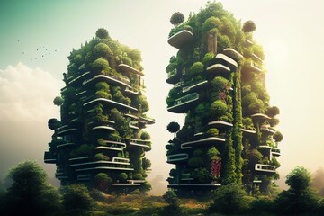 Wall Mural - Splendid environmental awareness city with vertical forest concept of metropolis covered with green plants. Civil architecture and natural biological life combination. Generative AI
