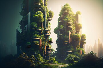 Wall Mural - Splendid environmental awareness city with vertical forest concept of metropolis covered with green plants. Civil architecture and natural biological life combination. Digital art. Generative AI
