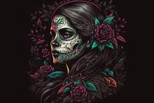 Day Of The Dead, Mexican Holiday Day Of The Dead And Halloween. Illustration Of A Woman In A Mexican La Catrina Costume. Woman With Sugar Skull Makeup And Flowers - Calavera. Generative Ai.