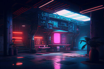 Futuristic Robot Workshop with Neon Lights in Dystopian Style,  Cyberpunk city, generative ai illustration [Sci-Fi Fantasy Horror Background, Game, Graphic Novel, or Postcard Image]