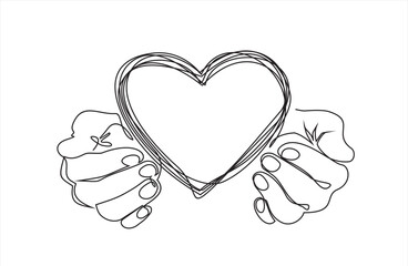 Wall Mural - Single continuous line of hands holding heart on a white background. Black thin line of the hands with  heart.