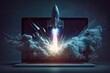 Digital illustration of rocket and laptop, background with blue neon light. Generative AI