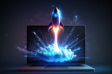 Digital Illustration Of Rocket And Laptop, Background With Blue Neon Light. Generative AI