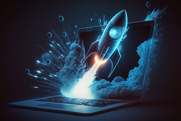 Digital illustration of rocket and laptop, background with blue neon light. Generative AI