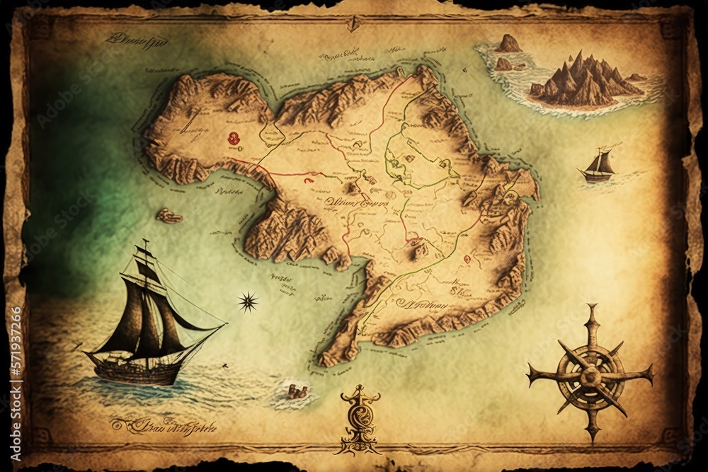 Pirate treasure map with ship and sea. Generative AI Stock Illustration ...