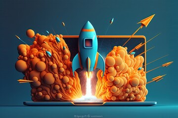 Digital illustration of rocket and laptop, orange and blue background. Generative AI