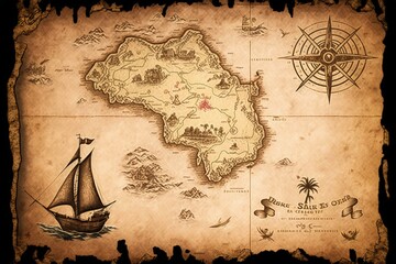 Pirate treasure map with ship and sea. Generative AI