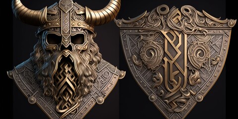 Viking coat of arms with adornments made of copper, helmet with horns, background. Generative AI