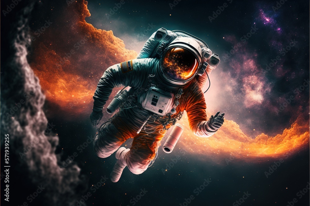 Single astronaut floating in space with dust and stars, created using ...