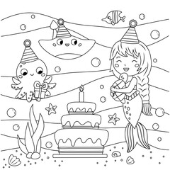 Wall Mural - Birthday coloring page with cute mermaid, stingray and octopus. Underwater life. Fairy tale characters. Birthday cake. Outline vector illustration for coloring book.