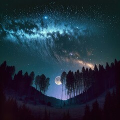Wall Mural - constellation stars and milky way and full moon on night sky, created using generative ai technology