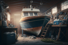 Boat Repair Shop, Created By A Neural Network, Generative AI Technology