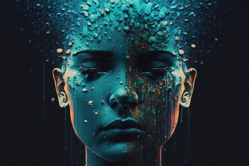 Human face under the rain. Dramatic abstract illustration. Dark background