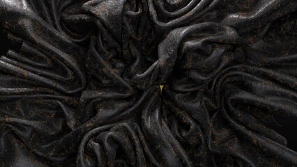 Wall Mural - Satin black and gold fabric crinkles around the bitcoin. Cryptocurrency concept. Silk. Creases in fabric. Drapery.