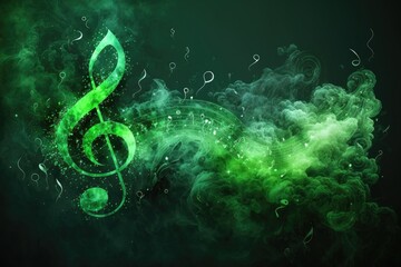 Wall Mural - Green smoke with music notes and shiny glitter particles abstract background, ai