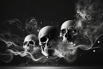 Wall Mural - Three black and white skulls with and shiny glitter particles abstract background, ai