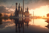 Fototapeta Nowy Jork - Oil refinery plant for crude oil industry on desert in evening twilight, energy industrial machine for petroleum gas production background Ai generated