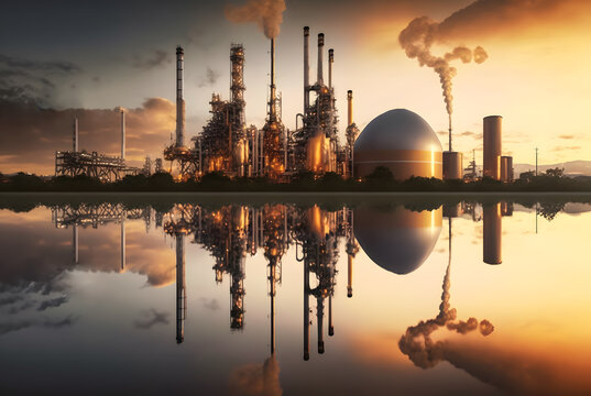 oil refinery plant for crude oil industry on desert in evening twilight, energy industrial machine f
