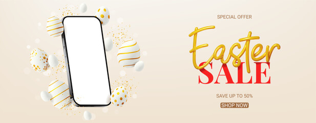 Wall Mural - Easter sale banner template. Vector holiday illustration with phone with blank display, decorative eggs and golden confetti. Happy Easter banner for presentation of products or goods.