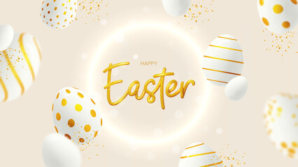 Wall Mural - Easter greeting card template. Vector holiday illustration with golden 3d lettering, neon circle, falling decorative eggs and golden confetti. Easter decoration for decoration posters, social media.