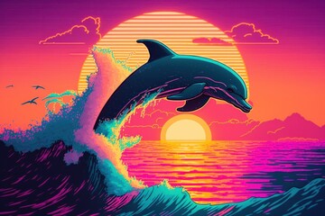 A dolphin jumping out of the water at sunset or sunrise. Summer vacation near the sea, ocean concept. Retrowave style.