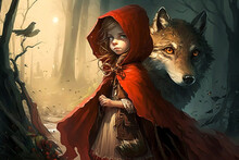 Illustration Of The Classic Tale Little Red Riding Hood And The Wolf. Girl In Red Hood And Wolf In A Dark Forest. Story For Children. Beautiful Drawing For Children's Books. Generative Ai.