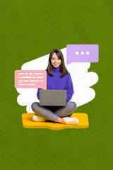 Sticker - Vertical collage image of positive girl use netbook chatting communicate isolated on painted background